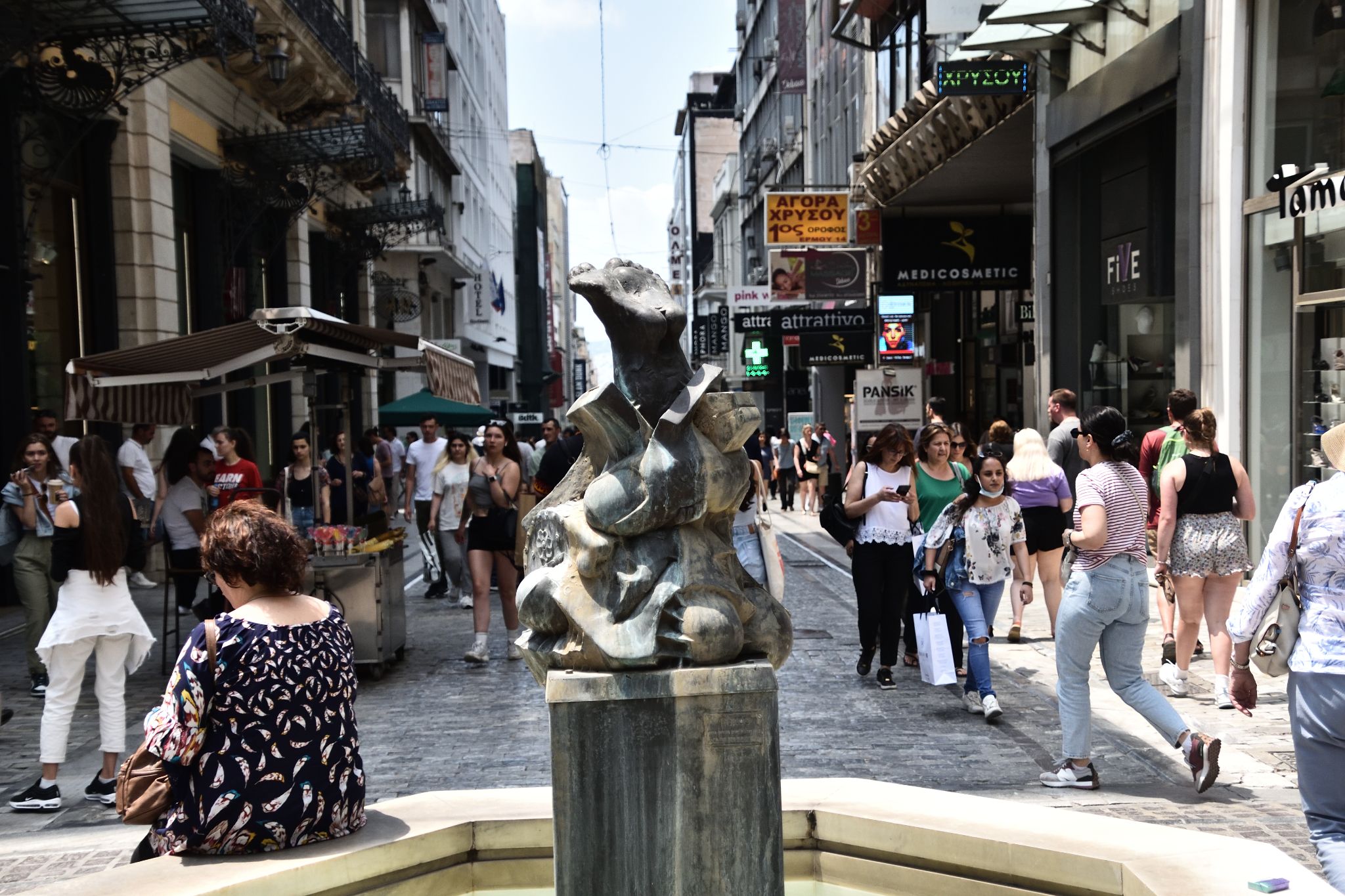 Athens Greece Ermou Street Kyriakos Rokos Bronze Statue "Dive into Our World"